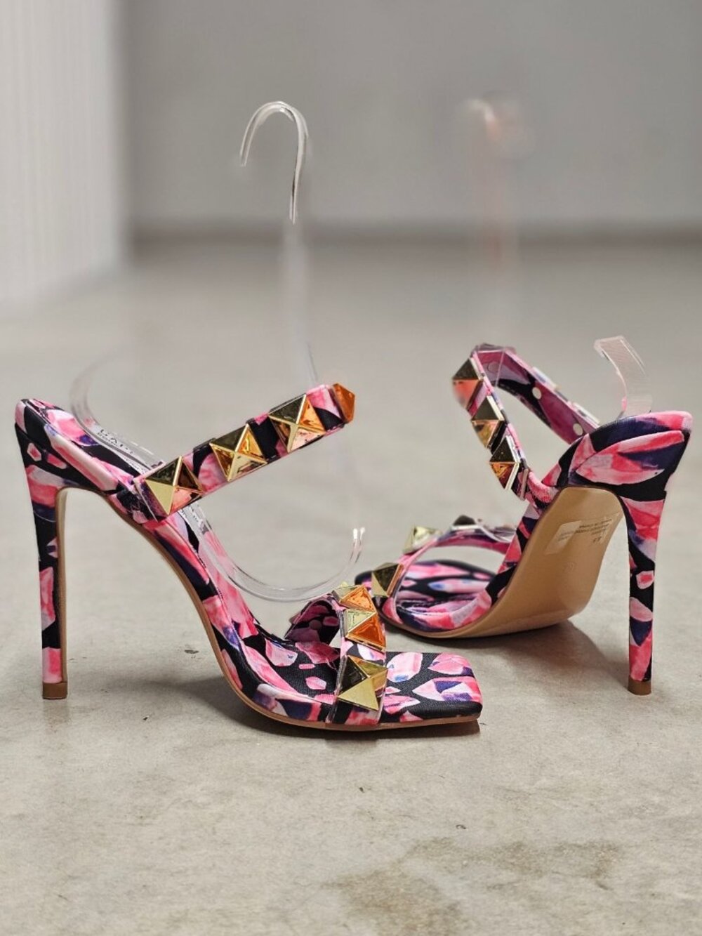 Pink & Gold Studded High Heel Sandals With Floral Pattern Open Toe Stiletto Heel